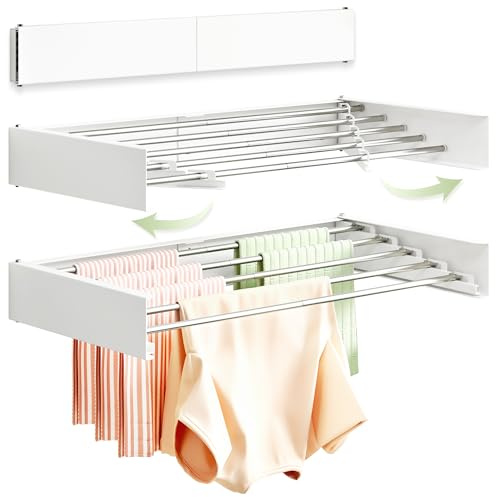 CHAHUANV Wandwäscheständer 80 cm (32 Zoll), Ausziehbar & Klappbar, Platzsparender Wäschetrockner Wandmontage, 5 Stangen, Robuster Wäscheständer für Balkon, Bad & Innenbereich, Weiß