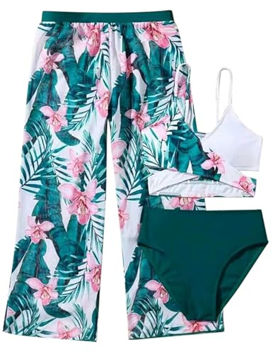 Generisch Maillot de bain deux pièces imprimé floral pour fille avec pantalon, combinaison d'été trois pièces pour étudiantes, matériau de protection à séchage rapide, idéal à la piscine ou à la plage