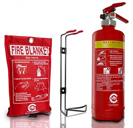 FSS UK Premium 3 Litre Wet Chemical Foam FIRE Extinguisher(BSi) with FIRE Blanket(CE). Ideal for Commercial Kitchen, Restaurants Pubs Bars Cooking Fires 3 L LTR Wet Chem 8A 34B 25F