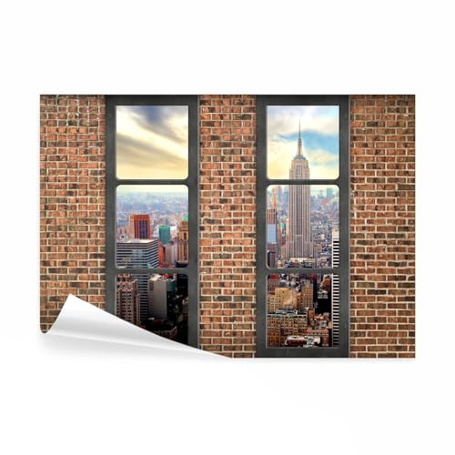decomonkey Fototapete New York, 400x280 cm, XL, Skyline Stadt Ziegel Muster | Ziegelmauer, Fenster, Tapete, Wandbild, Bild, Fototapeten, Tapeten, Wandtapete