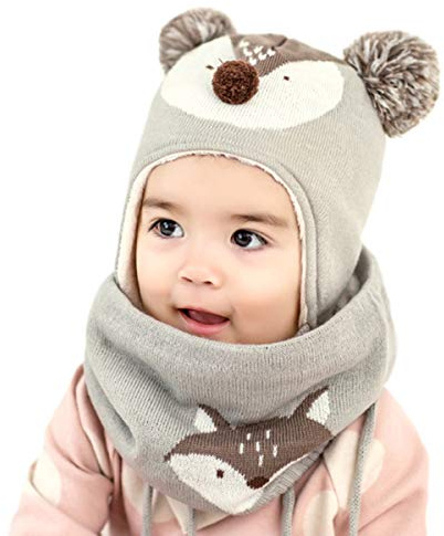 DORRISO Linda Bebe Niño Niña Sombrero y Bufanda Conjunto Calentar Cómodo Niño Niña Gorro Otoño Invierno Primavera Pequeña Zorro Gorro Bufanda Sombrero de Niño para 1-7 años Gris M