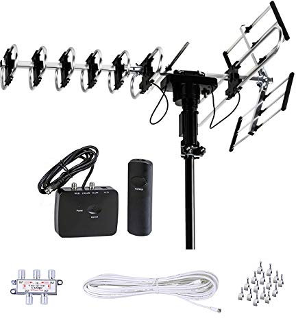 Five Star Antenne d'extérieur HD TV portée 320 km avec rotation motorisée à 360°, radio UHF/VHF/FM avec télécommande infrarouge + kit d'installation