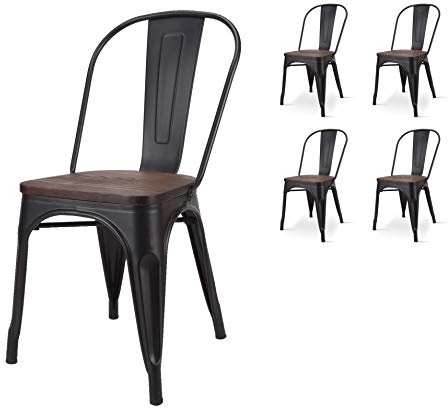 Kosmi Lot de 4 chaises en métal Noir Mat et Assise en Bois foncé - Style Industriel