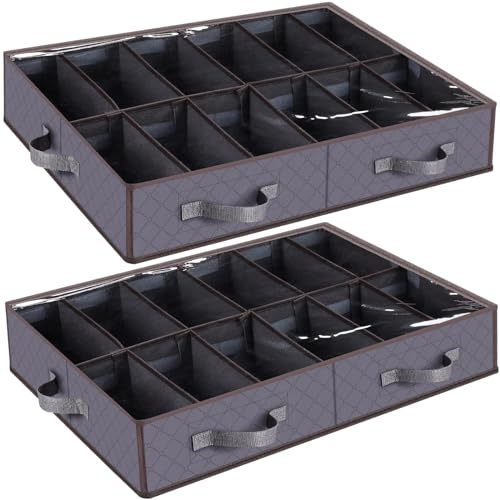 Anyoneer Under Bed Shoe Storage Organizer, Set of 2, Sturdy Structure, Adjustable Dividers, Reinforced Handle, Sturdy Zipper, Underbed Storage Solution with Clear Window, Breathable, Gray