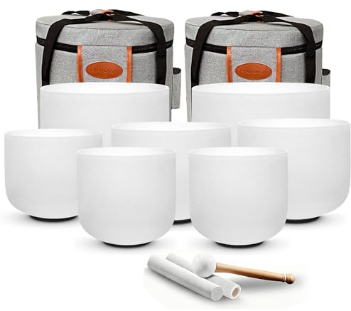 RYAN DVAN 432Hz 7-12 inch Crystal Singing Bowl Set of 7 with Free Carrying Case, Frosted Quartz Sound Bowls for Chakra Healing, Meditation,Yoga,Sound Therapy,Mindfulness,Relaxation & Stress Relief