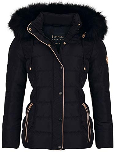 Spindle Womens Ladies Premium Quality Hooded Short Fur Parka Quilted Padded Puffer Coat | Zip Side Pockets | Luxurious Detachable Faux Fur on Hood | Zipped Inner Pocket Black 12