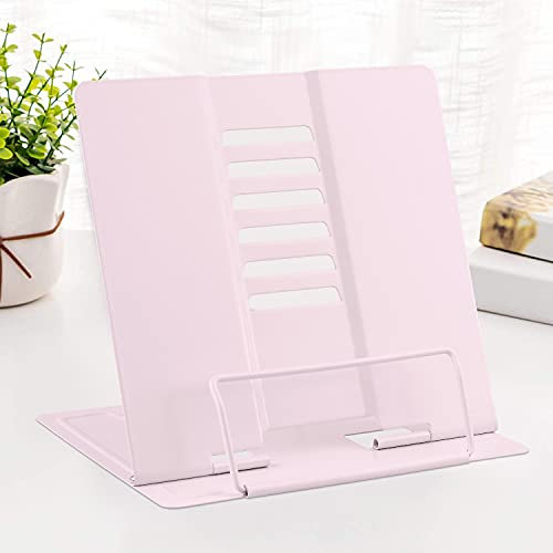 Schreibtisch-Buchständer Metall-Leseablage Buchhalter Verstellbarer Kochbuch-Dokumentenhalter Tragbarer Stabiler Buchständer für Rezepte Lehrbücher Tablet-Musikbücher mit Seitenklammern (Macaron Rosa)
