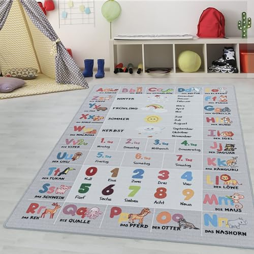 Kinderteppiche für Kinder Alphabet Buchstaben Zahlen Tiere Spielteppich Waschbar Jungen & Mädchen Teppich für Kinderzimmer Babyzimmer Spielzimmer Teppich Farbe: Grau, Grösse: 160 x 230 cm