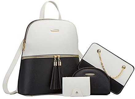 NICOLE & DORIS Rucksack Damen Klein Casual Daypack Elegant Wasserdicht Damenrucksack PU Leder Tagesrucksack Farbblock Umhängetasche Damen Rucksack-4 Set Schwarz und weiß