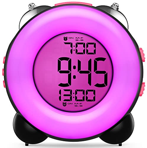 Banne Bon Loud Alarm Clock with Optional Alarm Dual Alarm Setting Snooze Function Night Light Bedside Battery Powered Clock (Black/Pink Light)