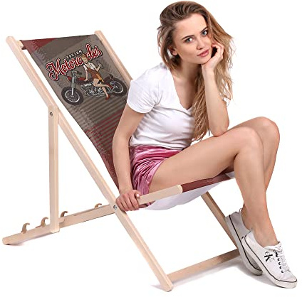DreamRoots Liegestuhl klappbar Buchenholz, Custom Motocycles | Klappliegestuhl Holz, Buchenholz, bis 130 kg, 3-fach verstellbar, waschbarer Polyesterbezug, für Garten & Terrasse