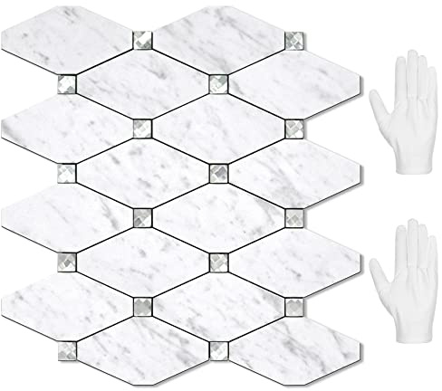 STICKGOO 10 Sheets Peel and Stick Backsplash, Carrara White Stick on Mosaic Tiles for Kitchen Wall Decor, PVC Mixed Glass Self Adhesive Peel and Stick Tile