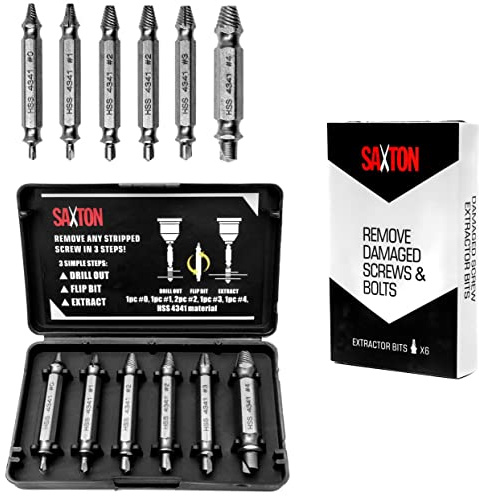 Saxton Damaged Screw Extractor Remover Set for Screws and Bolts - Set Includes 6 Bits