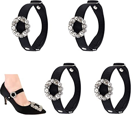 AHANDMAKER 4 correas ajustables para zapatos, correas desmontables para zapatos con dije de flor de diamantes de imitación, correas de tacón alto negras antisueltas, cinturón de encaje para zapatos de