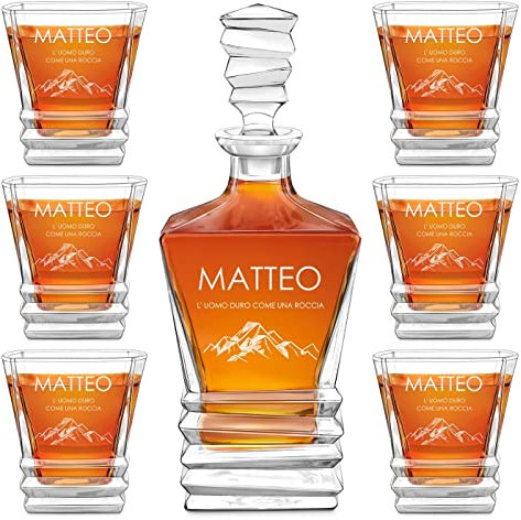 Maverton Caraffa 800 ml con 6 Bicchieri Whisky in Vetro 280 ml - Incisione Personalizzata - Bicchiere Cristallo per Lui - Idea Regalo Uomo Compleanno - Festa del Papà - Roccia