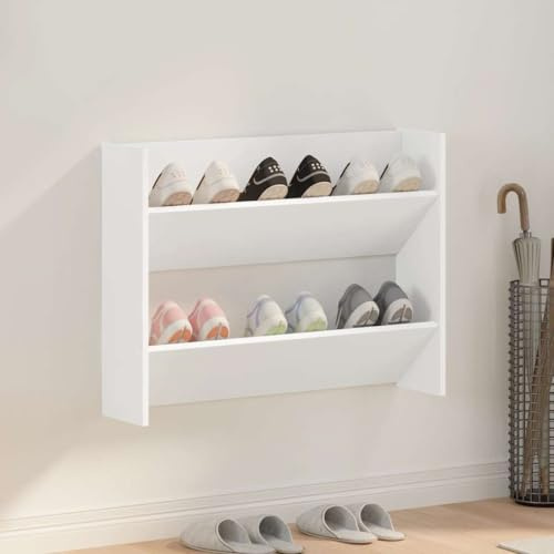 homiuse 80x18x60 cm Wand Schuhschrank mit 2 Kippböden Schuhregal Wandbefestigung Weiß Schuhbank Shoe Rack Schuhkipper Schuhschränke Schuhaufbewahrung Schuhregale Schuh Regal Holzwerkstoff
