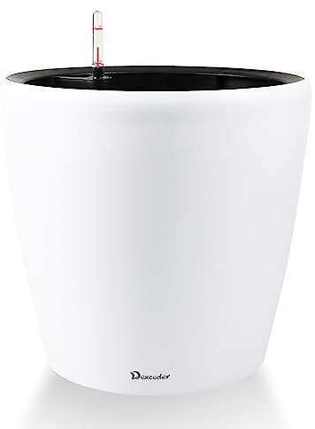 Dexceder 18x17 Self Watering Planter with Wheels Indoor Outdoor, Inner Pot Design, Thickened Large Floor Standing Flower Plant Pot with Water Level Indicator (White Matte)