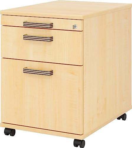 bümö Rollcontainer mit Hängeregistratur, Container abschließbar aus Holz in Ahorn - Rollwagen für's Büro mit Hängeregister als Schreibtisch Unterschrank od. Bürocontainer m. Streifengriffe