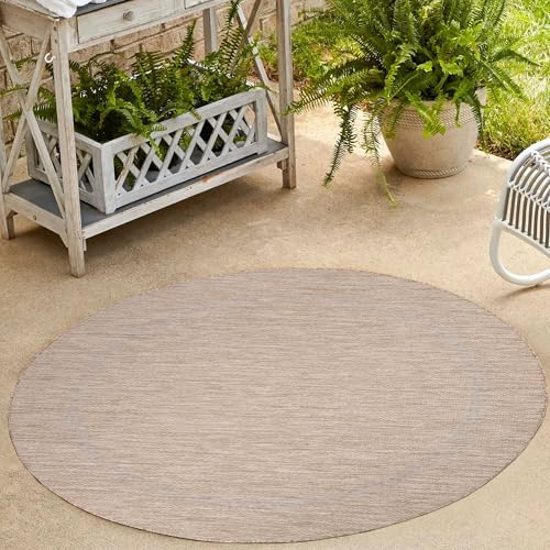 Carpetsale24 Outdoor Teppich Rund 120 cm Beige Bordüre Design Flachgewebe Wetterfest Waschbar für Wohnzimmer Schlafzimmer Kinderzimmer Balkon Terrasse