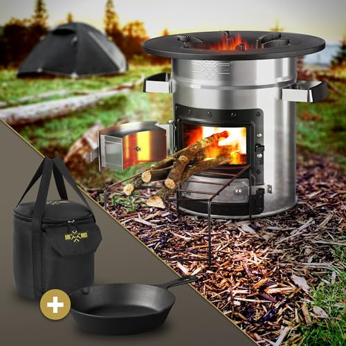 BBQ#BOSS Raketenofen mit Grillpfanne & Tragetasche, Silber, Campingkocher Holz mit Brennholzständer, Doppeltür, Camping BBQ Holzofen zum Kochen, Outdoor-Küche, Raketenherd für Dutch Oven, Campinggrill