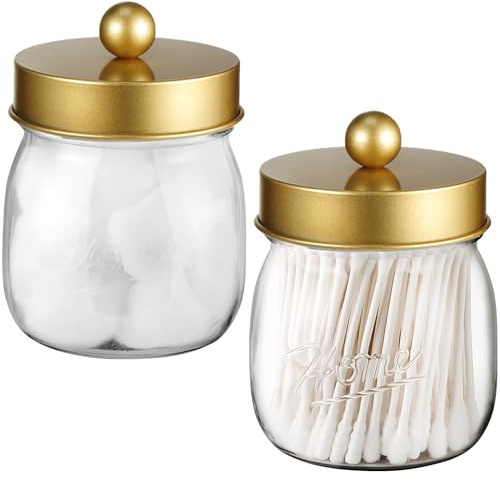 Farmhouse Decor Apothecary Jar Set,Mason Jar Bathroom Vanity Storage Organizer Canister - Qtip Holder Plastic Acrylic Jar for Cotton Swabs,Cotton Pads,Floss Picks,Paper Clips,Hair Clips(2 Pack,Gold)