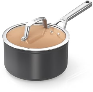Ninja Extended Life 18cm Ceramic Saucepan with lid, Non-Stick (No PFAs, PFOAs, Lead or Cadmium), Induction Compatible, Stainless Steel Handle, Oven Safe to 285°C, Terracotta & Grey, CW90218UK
