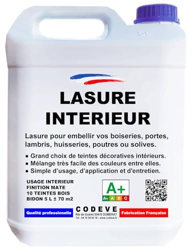 Lasure Bois Interieur - Codeve Bois/Chêne foncé - 5L - Intérieur - Pour La Décoration De Votre Boiserie, Lambris, Porte Ou Poutre En Bois.