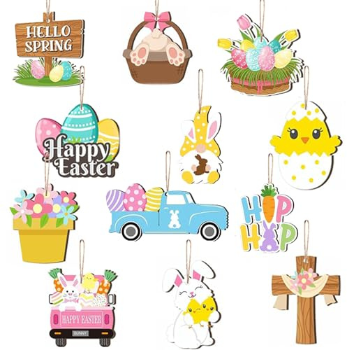 24 Pcs Easter Ornaments for Tree Wood, Easter Christmas Tree Decorations Hanging Ornaments for Holiday Home Indoor Outdoor Decorations