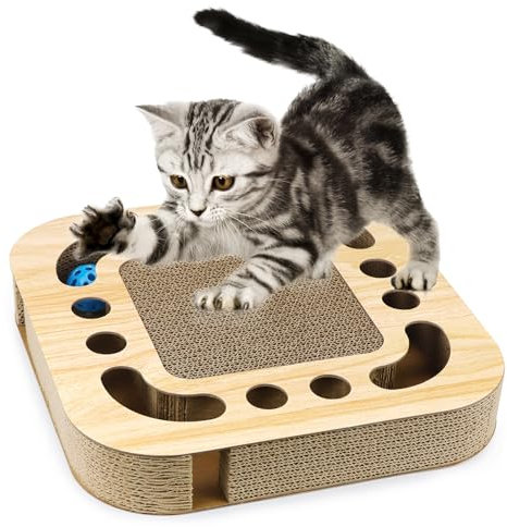 Kratzbretter Katze Spielzeug Interaktives Katzenspielzeug Kratzpappe für Katzen Kratzbrett Pappe mit 2 Klingelballs Cat Toys Kratzmatte Katzenkratzbretter 3 in 1 Wellpappe Fummelbrett Katzenzubehör
