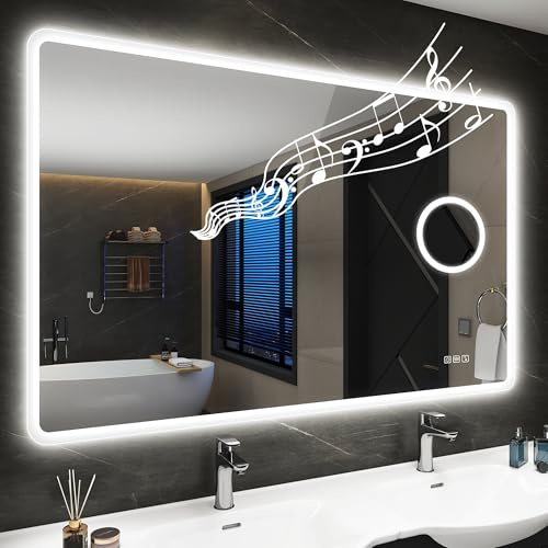 STARLEAD Badrumsspegel med belysning, 100 x 70 cm, LED-spegel med 5 x förstoringsglas, bluetooth, dimbar, 3 ljusfärger, anti-dimma, IP44, minnesfunktion, 5X, härdat glas, vertikal/horisontell