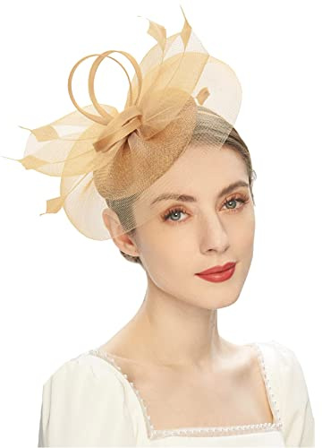 Kielsjajd Damen Fascinator Hut, Mesh Federn Stirnband Tea Party Clip Kopfbedeckung Haarschmuck für Party Kirche Hochzeit für Frauen Mädchen, Damen Fascinator Hut mit Federn Schleier Stirnband Clip