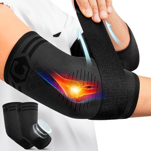 CAMBIVO Elbow Support for Men & Women 2 Pack - Tennis Elbow Brace with Adjustable Strap & Dual Silicone Pads - Compression Sleeve for Golfers Elbow, Tendonitis Relief & Weightlifting (Black, XL)