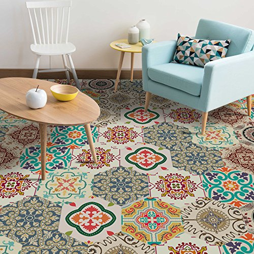 Neukids 30 stycken självhäftande marocko golvplattor, barock PVC-golvbeläggning självhäftande, kök badrum självhäftande vinylgolv, sovrum vardagsrum balkong kontor gör-det-själv-golv hexagon