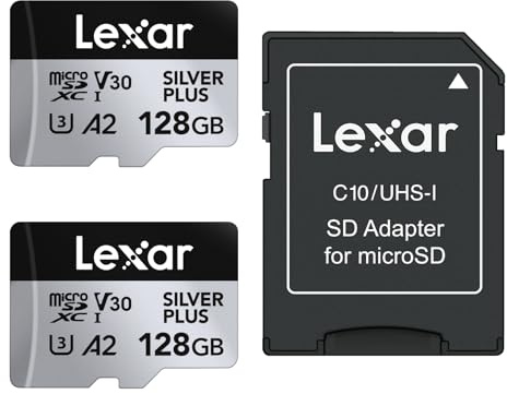 Lexar Silver Plus 128GB 2-Pack Micro SD Card up to 205 MB/s, MicroSDXC UHS-I Memory Card with Adapter, C10, U3, A2, V30, Full HD, 4K UHD, High Speed TF Card for Drone, Action Camera, Handheld Consoles
