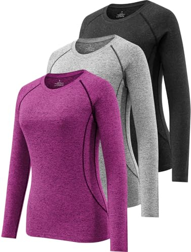 Ullnoy 3 Pack Women's Long Sleeve Gym Tops Quick Dry Workout Running T Shirt Breathable Yoga Sports Crew Neck Thermal Undershirt Black/Grey/Rose L