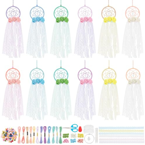 INFUNLY 12 Set Kleine Traumfänger In Rosenform Großpackung Halloween DIY Mini Traumfänger Set Machen Sie Ihr Eigenes Traumfänger Set Für Erwachsene Schlüsselanhänger Set Mit Anleitung Für Taschenanhän