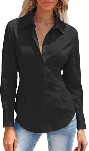Mutitop Button Down Shirts for Women Long Sleeve Dress Shirts Wrinkle Free Collared Work Office Solid Blouses Corset Tops - B-Black S