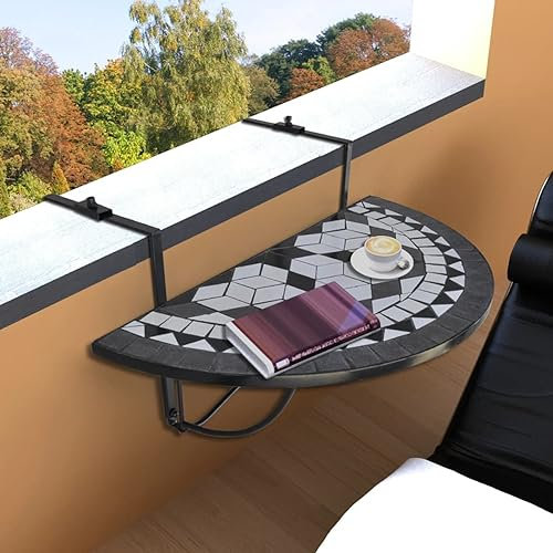 Xichuzi Balkonhängetisch, Balkontisch, Balkonmöbel Kleiner Balkon, Balkon Möbel, Gartentisch, Tisch Klein, Schwarz und Weiß Mosaik
