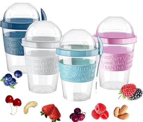 Pro hem yoghurtkrukor med lock och sked lufttät diskmaskinssäker BPA-fri müsli flingkoppar över natten havre burk förvaring när du är på språng yoghurtbehållare (pack – 4 (blå, rosa, blågrön, grå))