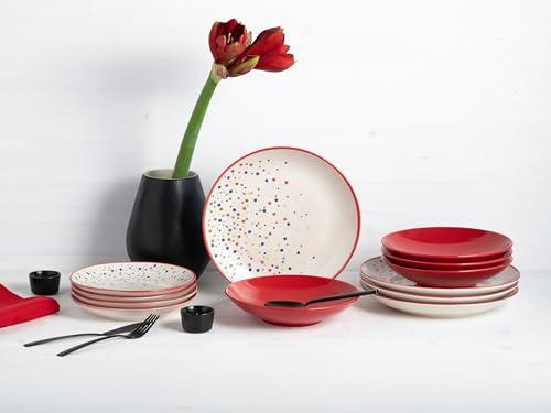 CreaTable, Serie Joy Dots Geschirrset aus Steinzeug (Teller Set 12 tlg, Rot)