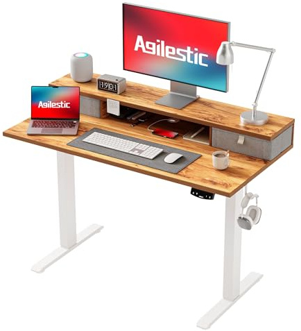 Agilestic Höhenverstellbarer Schreibtisch mit 2 Schubladen | Schreibtisch elektrisch 100 x 60 cm, Gaming Schreibtisch mit 2 Speicherplätzen, Computertisch für Homeoffice, Hellbraun