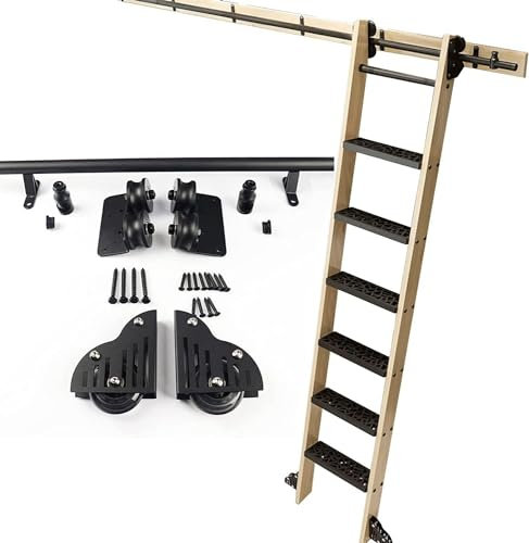 Schiebe-Scheunentor-Set, Rollleiter-Hardware-Bibliothek, Schiebeleiter-Hardware-Set, Rundrohr-Mobile-Leiterschiene für Zuhause/Innenraum/Dachboden/Bibliothek (ohne Leiter) (Größe:
