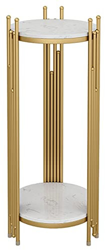 Generisch Hoher, schmaler Telefontisch mit 2 Ablageflächen und rundem Beistelltisch in Marmoroptik mit Gold-Finish für Wohnzimmer, Schlafzimmer, Terrassendekor, Beistelltisch und Pflanzenstä