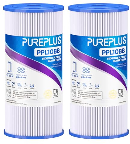PUREPLUS 20 Micron 10 x 4.5 Whole House Pleated Sediment Filter for Well Water, Replacement Cartridge for GE FXHSC, Culligan R50-BBSA, Pentek R50-BB, DuPont WFHDC3001, W50PEHD, GXWH40L, 2Pack