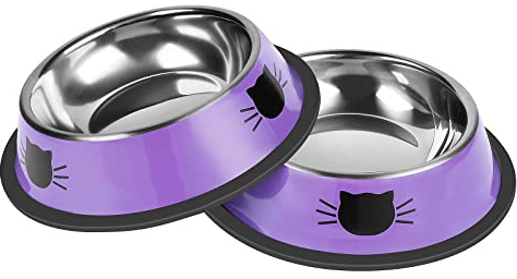 Serentive 2 Stück rutschfeste kleine Katzenfutternäpfe aus Edelstahl, unzerbrechlicher, Dicker Katzenfutterspender, 200 ml Katzennäpfe, Abnehmbarer Gummiboden, leicht zu reinigen, Lila