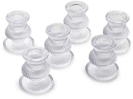 Kerzenhalter Glas Transparent, 6er Set Stabkerzenhalter Gerippt, Kerzenständer für Stabkerzen, Kerzenständer Set als Tischdekoration, Zeitlose Dekoration für Hochzeit, Weihnachten & Wohndeko