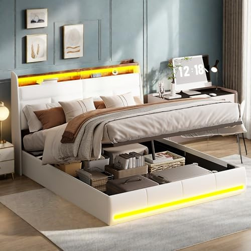 PerGar Polsterbett 140x200 mit LED-Kopfteil, Doppelbett mit Bettkasten, Jugendbett Boxspringbett mit Stauraum, Stauraumbett Bettgestell mit Lattenrost, PU, Ohne Matratze, Weiß