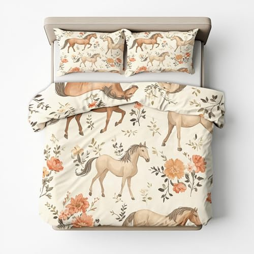 Générique Housse de Couette Cheval 140x200 pour 1 Personne - Parure de Lit Imprimée Poney Floral, 1 Taie d'oreiller 65x65, Linge de Lit Microfibre Douce avec Fermeture Éclair N&-2865