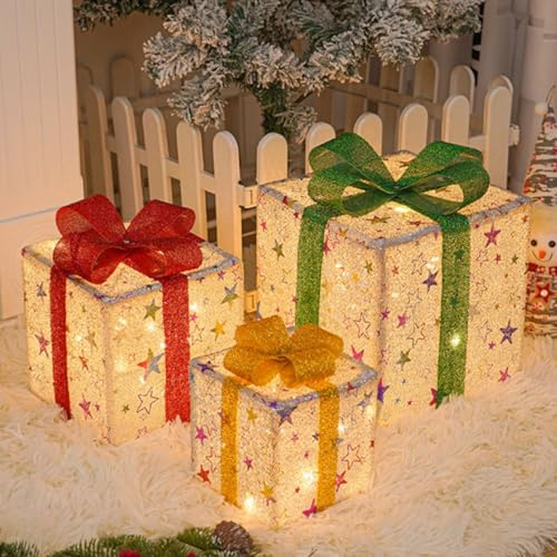 Lypumso Juego de 3 Cajas de Regalo Navidad Iluminadas, 50Leds Cajas Decorativas Navidad Luces 8 Modos con Control Remoto, Cajas Regalo Estrellas LED para Decoracion Navideña, árbol de Navidad, Fiesta