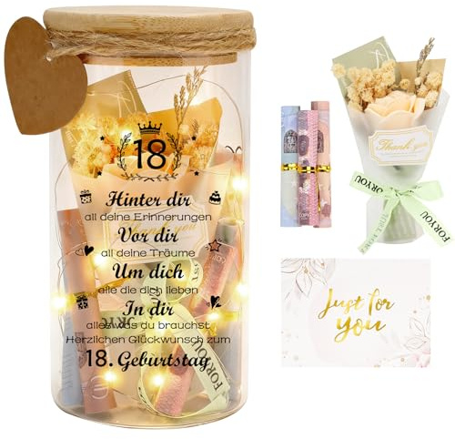 18. Geburtstagsgeschenk Geld Leuchtflasche für Geldgeschenke, Mann Frau zum 18. Personalisiert LED Flaschenlicht Geburtstag Geschenk Dekoflasche Spardose mit Trockenblumen LED-Leuchten und Karten